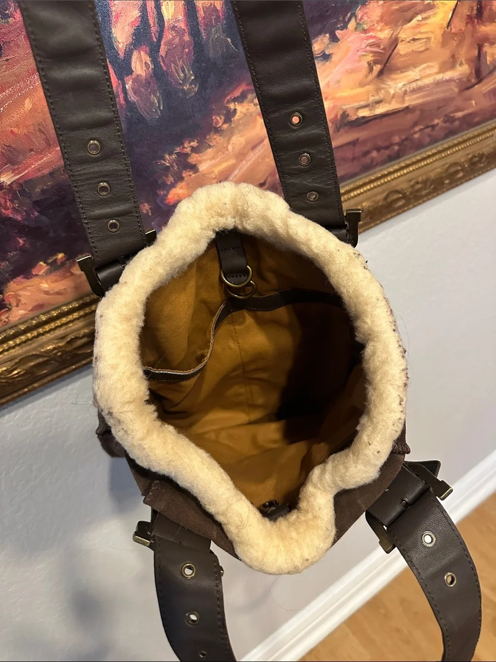 UGG Brown Suede Messenger Tote with Shearling Trim